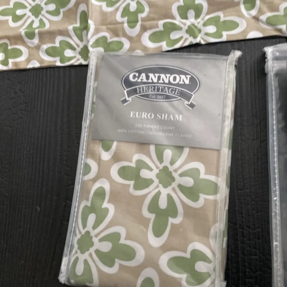 Cannon Vintage Euro Sham Pillowcase Set (2) Green‎ Tan Floral NEW Deadstock